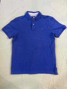 Mens Tommy Hilfiger Blue Button Up Polo Shirt Embroidered Blue M